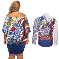 Filipino American History Month Couples Matching Off Shoulder Short Dress and Long Sleeve Button Shirt Philippines Agila USA Eagle Mix Flag