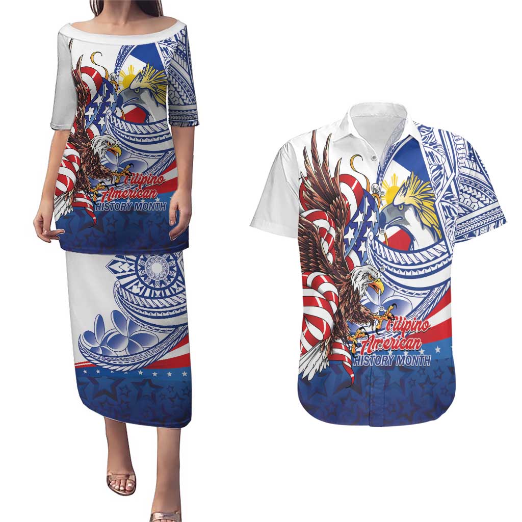 Filipino American History Month Couples Matching Puletasi and Hawaiian Shirt Philippines Agila USA Eagle Mix Flag