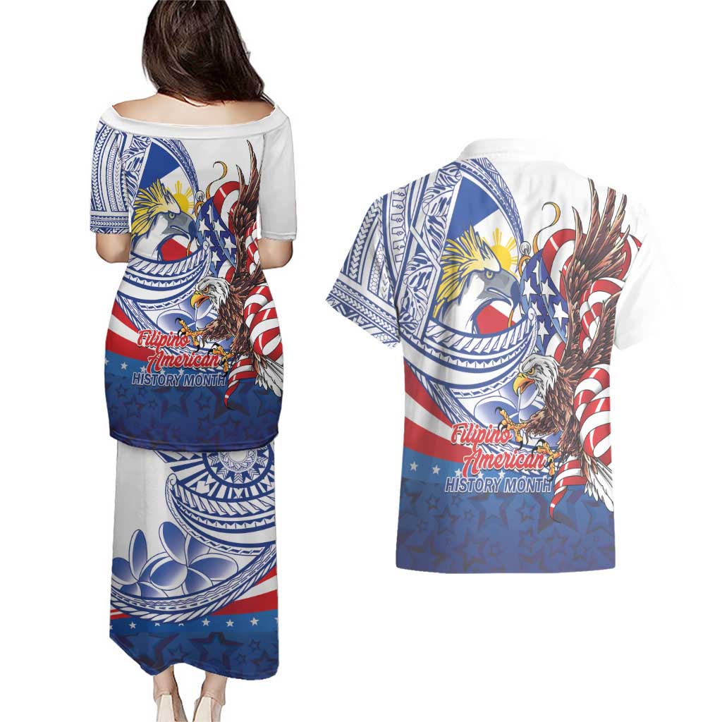 Filipino American History Month Couples Matching Puletasi and Hawaiian Shirt Philippines Agila USA Eagle Mix Flag