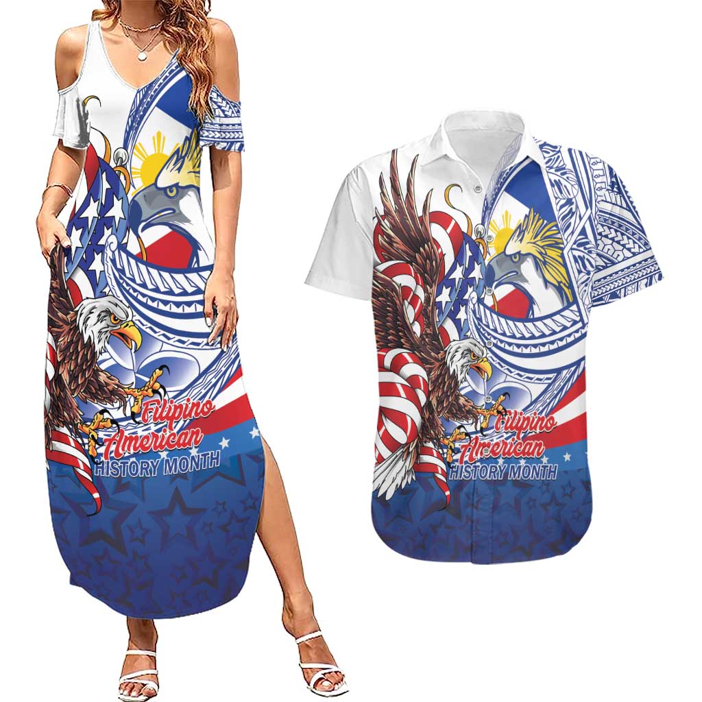 Filipino American History Month Couples Matching Summer Maxi Dress and Hawaiian Shirt Philippines Agila USA Eagle Mix Flag