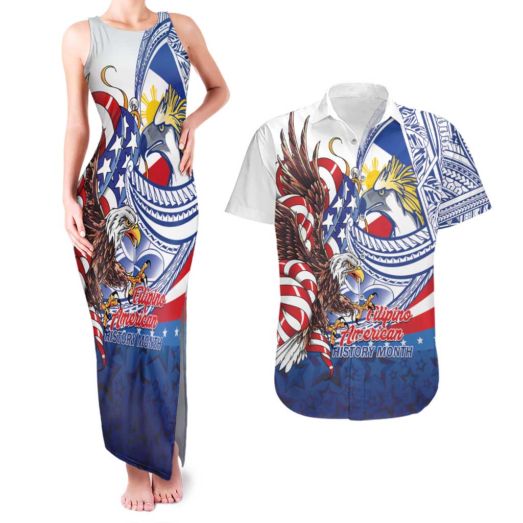 Filipino American History Month Couples Matching Tank Maxi Dress and Hawaiian Shirt Philippines Agila USA Eagle Mix Flag