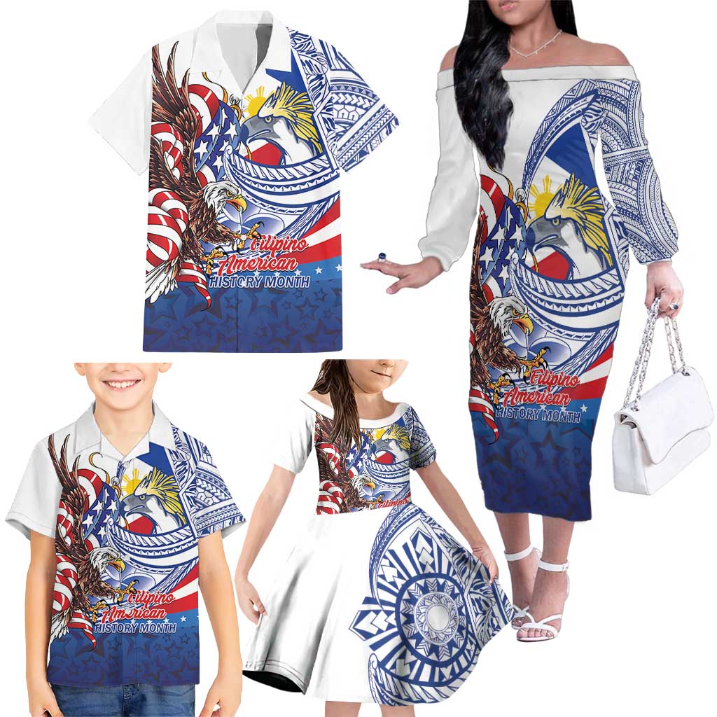Filipino American History Month Family Matching Off The Shoulder Long Sleeve Dress and Hawaiian Shirt Philippines Agila USA Eagle Mix Flag LT14 - Polynesian Pride
