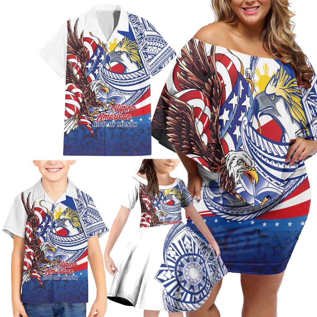 Filipino American History Month Family Matching Off Shoulder Short Dress and Hawaiian Shirt Philippines Agila USA Eagle Mix Flag LT14 - Polynesian Pride