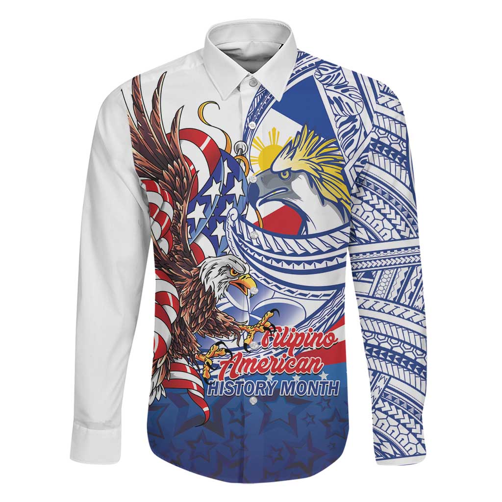 Filipino American History Month Family Matching Short Sleeve Bodycon Dress and Hawaiian Shirt Philippines Agila USA Eagle Mix Flag LT14 Dad's Shirt - Long Sleeve Blue - Polynesian Pride