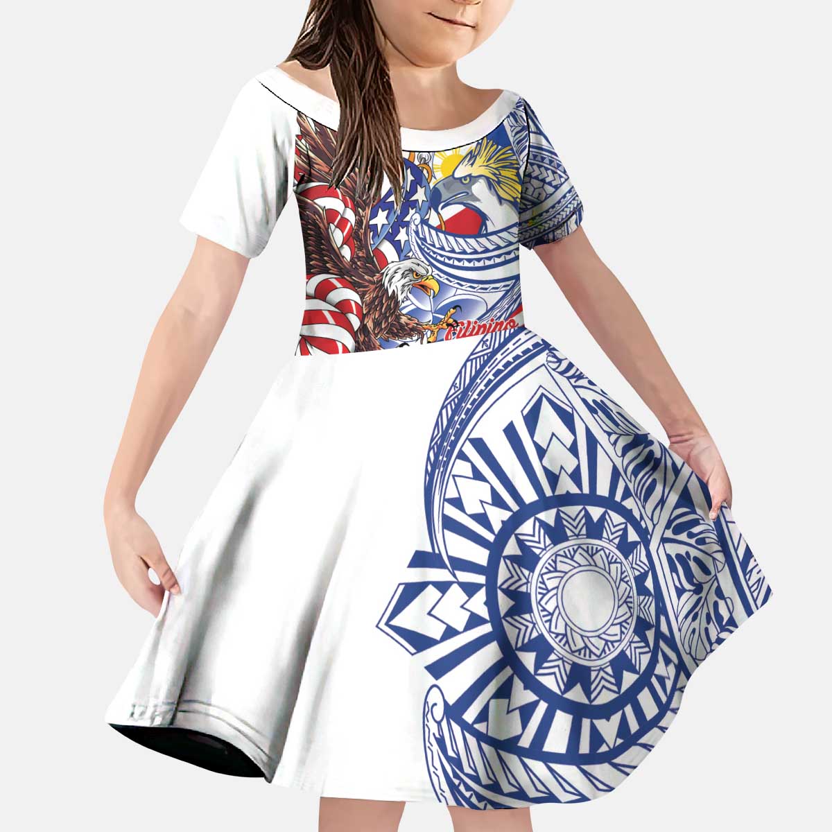 Filipino American History Month Kid Short Sleeve Dress Philippines Agila USA Eagle Mix Flag LT14 KID Blue - Polynesian Pride
