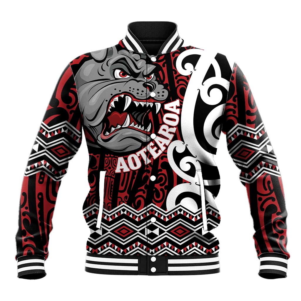Personalised Aotearoa Bulldog Baseball Jacket New Zealand Maori Taniko Art LT14 Unisex Red - Polynesian Pride