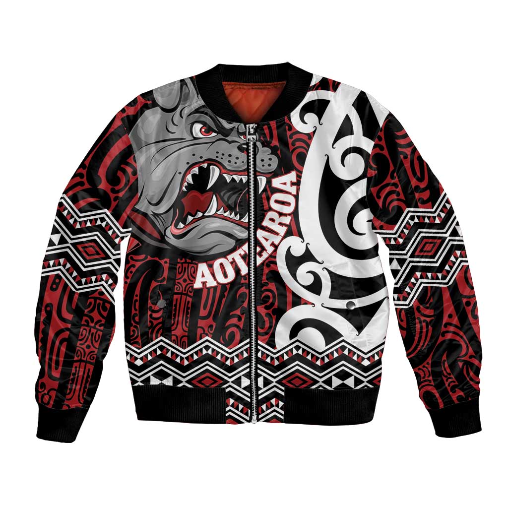 Personalised Aotearoa Bulldog Bomber Jacket New Zealand Maori Taniko Art LT14 Unisex Red - Polynesian Pride