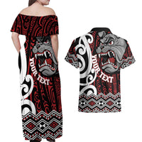 Personalised Aotearoa Bulldog Couples Matching Off Shoulder Maxi Dress and Hawaiian Shirt New Zealand Maori Taniko Art