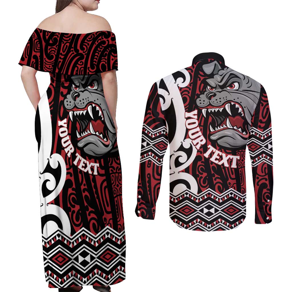 Personalised Aotearoa Bulldog Couples Matching Off Shoulder Maxi Dress and Long Sleeve Button Shirt New Zealand Maori Taniko Art