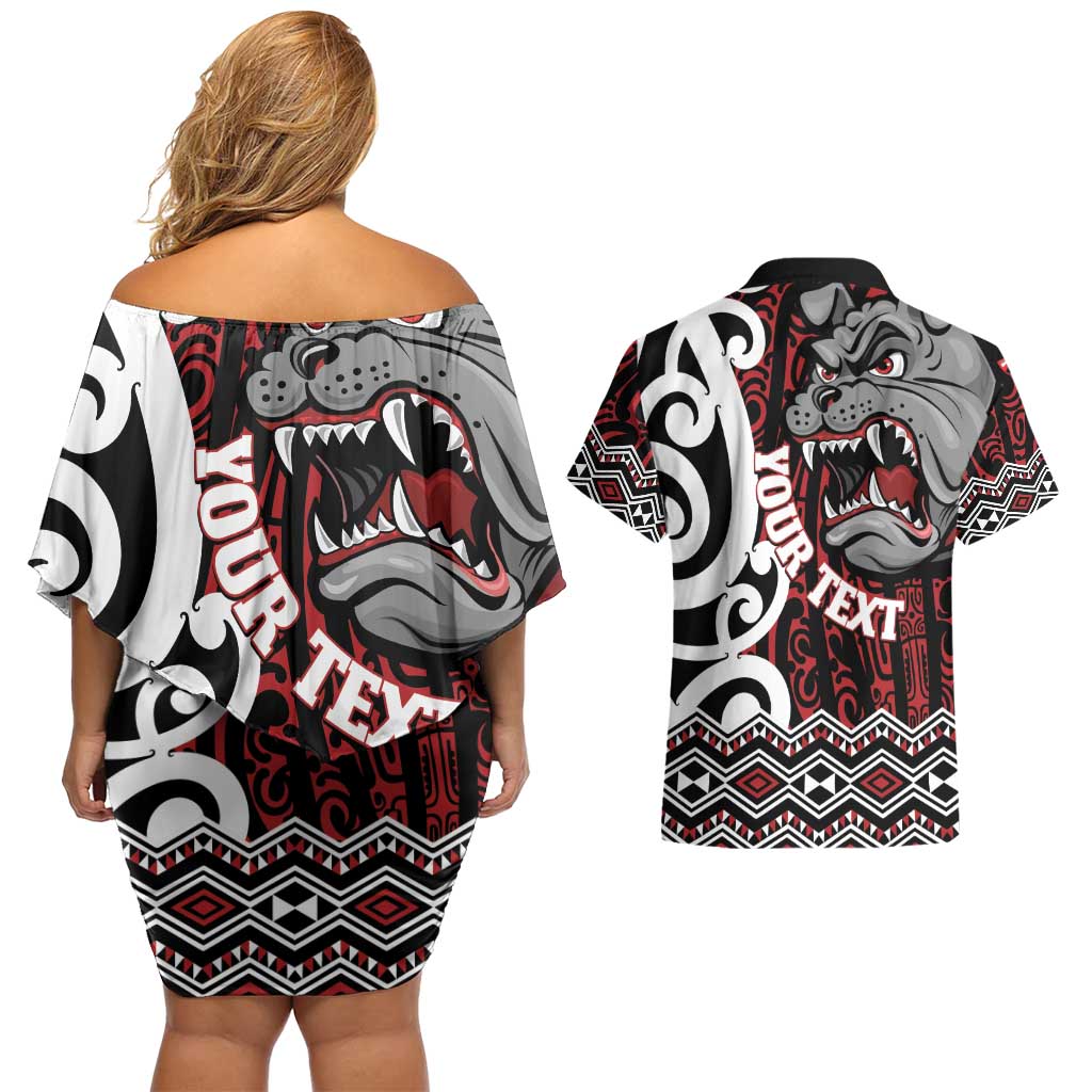 Personalised Aotearoa Bulldog Couples Matching Off Shoulder Short Dress and Hawaiian Shirt New Zealand Maori Taniko Art