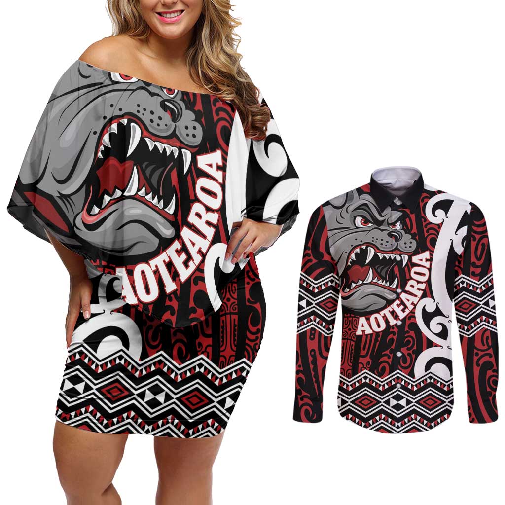 Personalised Aotearoa Bulldog Couples Matching Off Shoulder Short Dress and Long Sleeve Button Shirt New Zealand Maori Taniko Art