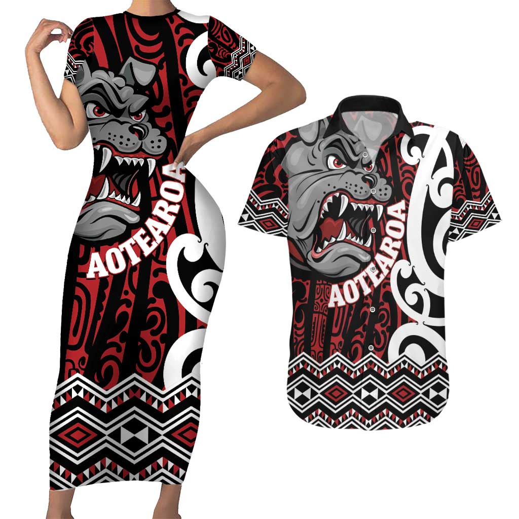Personalised Aotearoa Bulldog Couples Matching Short Sleeve Bodycon Dress and Hawaiian Shirt New Zealand Maori Taniko Art