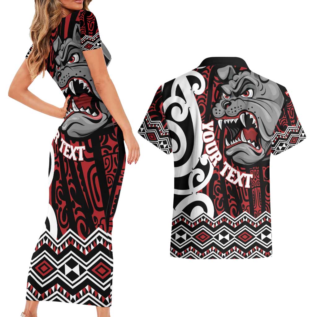 Personalised Aotearoa Bulldog Couples Matching Short Sleeve Bodycon Dress and Hawaiian Shirt New Zealand Maori Taniko Art