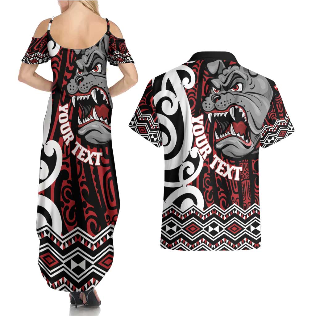 Personalised Aotearoa Bulldog Couples Matching Summer Maxi Dress and Hawaiian Shirt New Zealand Maori Taniko Art