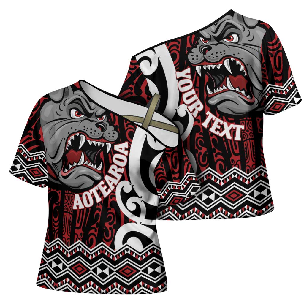 Personalised Aotearoa Bulldog Cross Shoulder Shirt New Zealand Maori Taniko Art - Polynesian Pride