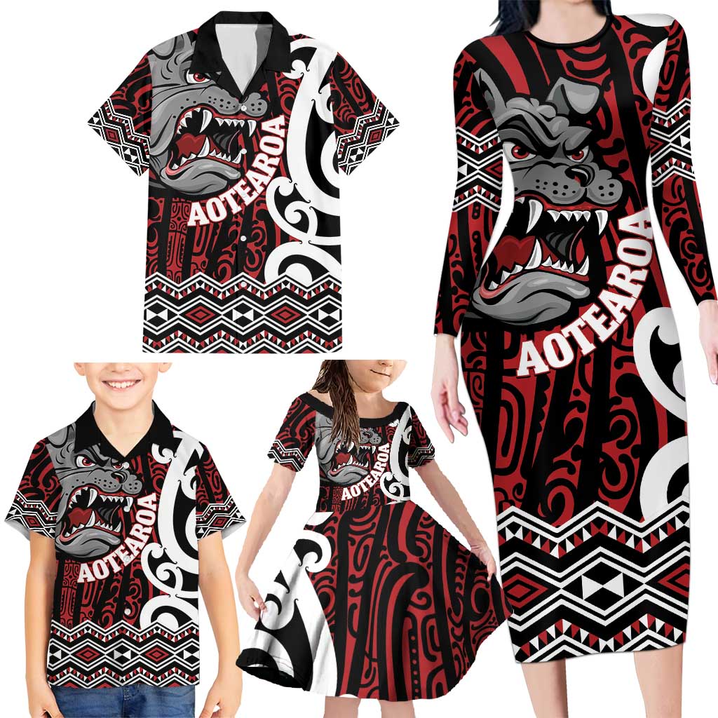 Personalised Aotearoa Bulldog Family Matching Long Sleeve Bodycon Dress and Hawaiian Shirt New Zealand Maori Taniko Art