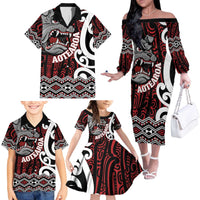 Personalised Aotearoa Bulldog Family Matching Off The Shoulder Long Sleeve Dress and Hawaiian Shirt New Zealand Maori Taniko Art