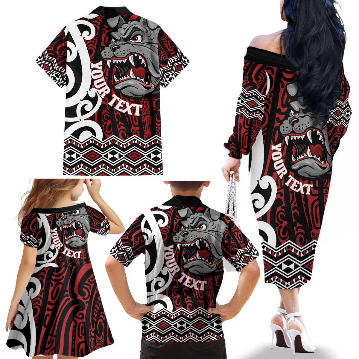 Personalised Aotearoa Bulldog Family Matching Off The Shoulder Long Sleeve Dress and Hawaiian Shirt New Zealand Maori Taniko Art