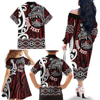 Personalised Aotearoa Bulldog Family Matching Off The Shoulder Long Sleeve Dress and Hawaiian Shirt New Zealand Maori Taniko Art