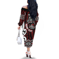 Personalised Aotearoa Bulldog Family Matching Off The Shoulder Long Sleeve Dress and Hawaiian Shirt New Zealand Maori Taniko Art