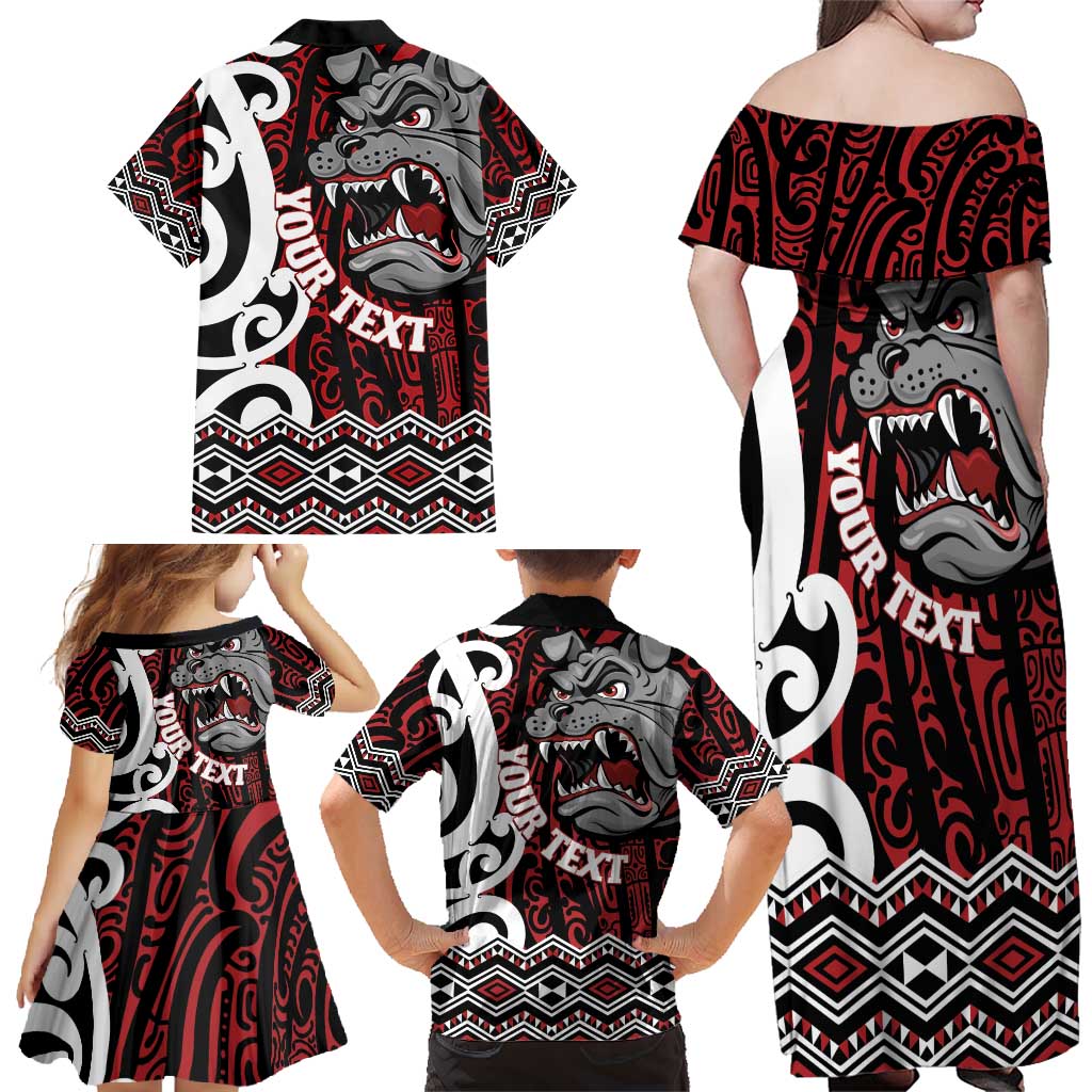 Personalised Aotearoa Bulldog Family Matching Off Shoulder Maxi Dress and Hawaiian Shirt New Zealand Maori Taniko Art