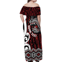 Personalised Aotearoa Bulldog Family Matching Off Shoulder Maxi Dress and Hawaiian Shirt New Zealand Maori Taniko Art