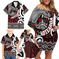 Personalised Aotearoa Bulldog Family Matching Off Shoulder Short Dress and Hawaiian Shirt New Zealand Maori Taniko Art