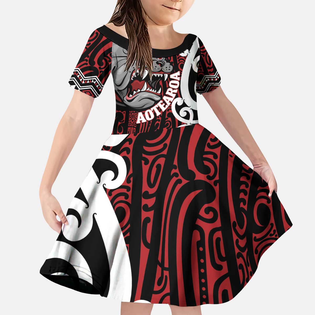 Personalised Aotearoa Bulldog Kid Short Sleeve Dress New Zealand Maori Taniko Art