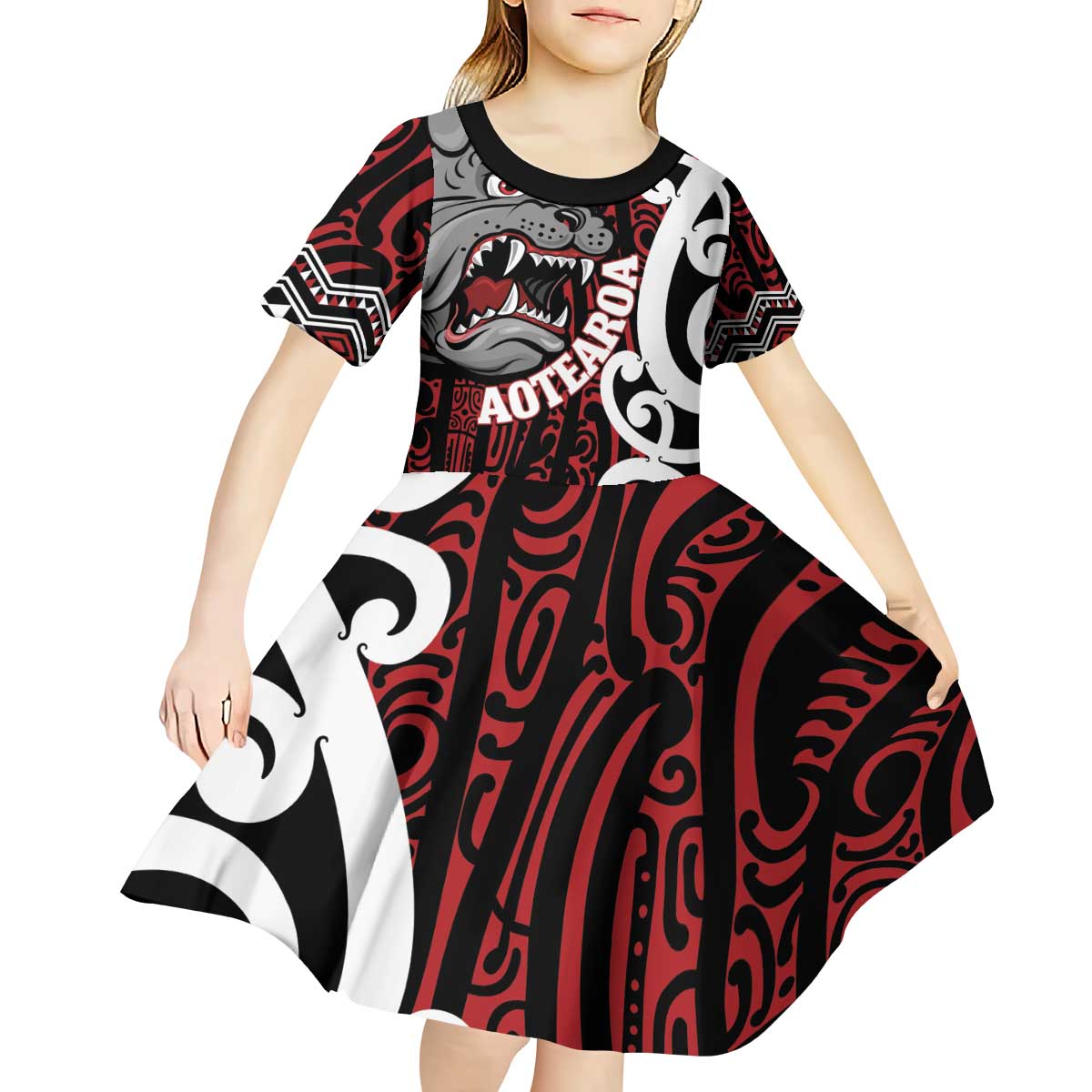 Personalised Aotearoa Bulldog Kid Short Sleeve Dress New Zealand Maori Taniko Art