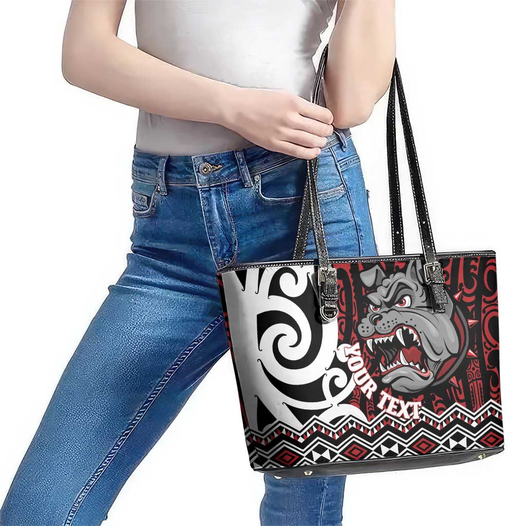 Personalised Aotearoa Bulldog Leather Tote Bag New Zealand Maori Taniko Art