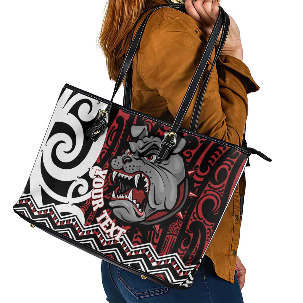 Personalised Aotearoa Bulldog Leather Tote Bag New Zealand Maori Taniko Art