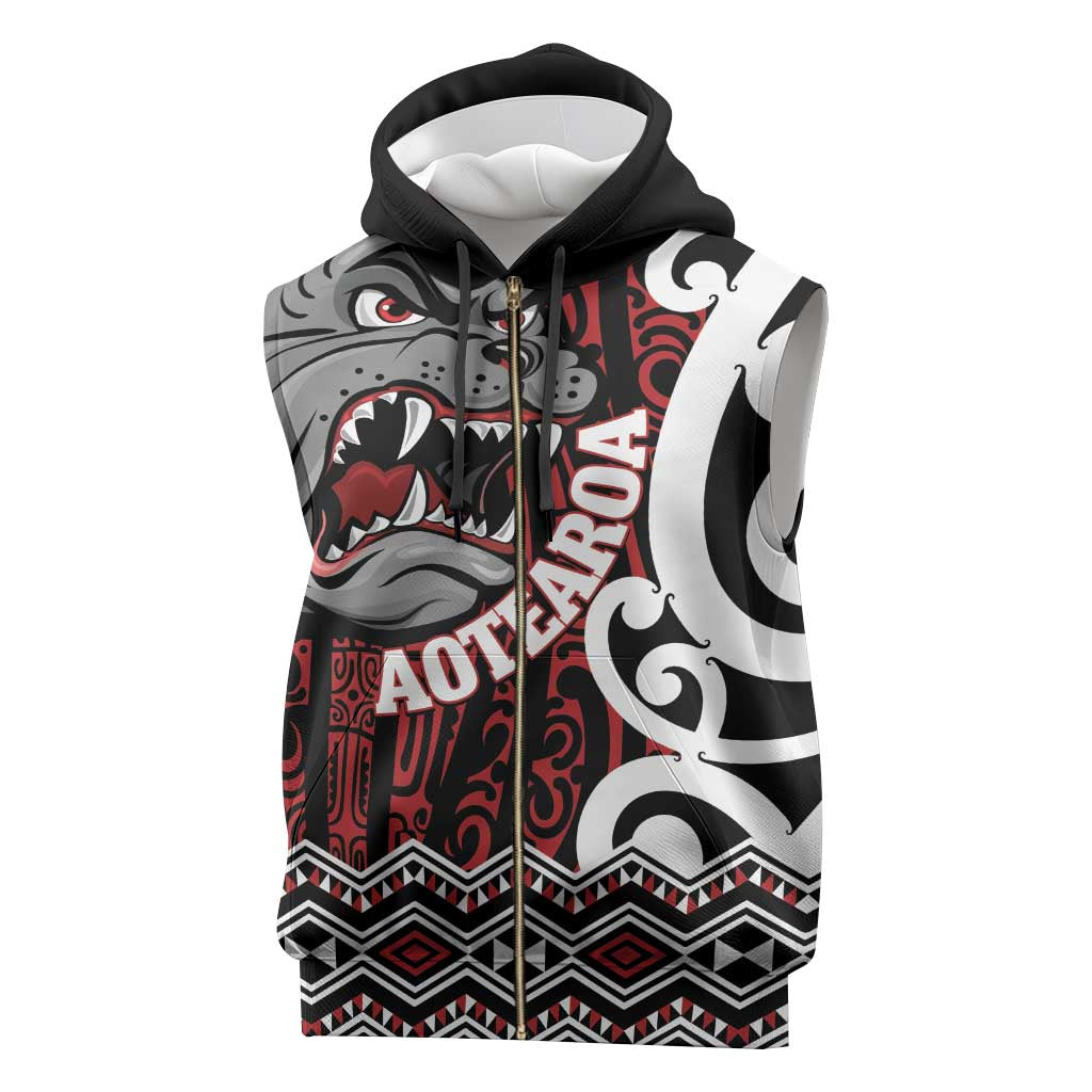 Personalised Aotearoa Bulldog Sleeveless Zip Hoodie New Zealand Maori Taniko Art - Polynesian Pride