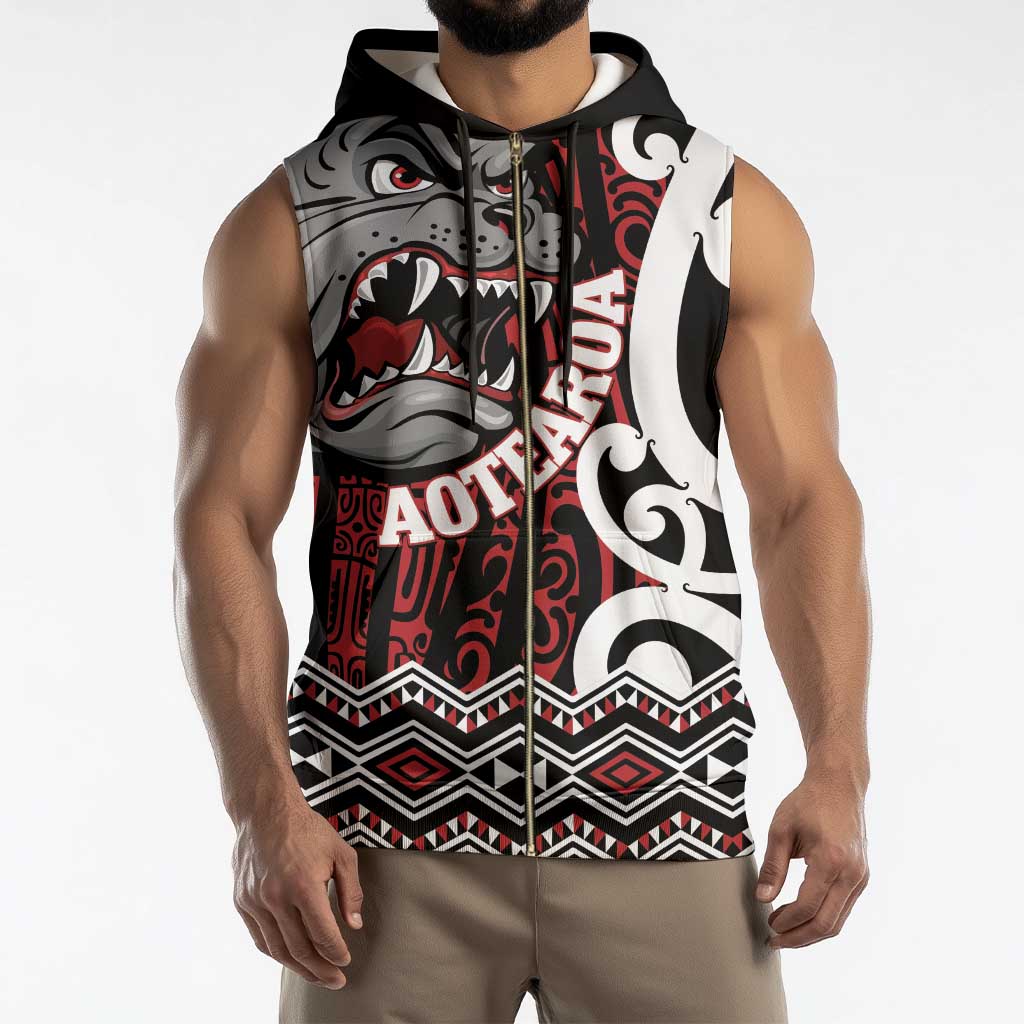 Personalised Aotearoa Bulldog Sleeveless Zip Hoodie New Zealand Maori Taniko Art - Polynesian Pride