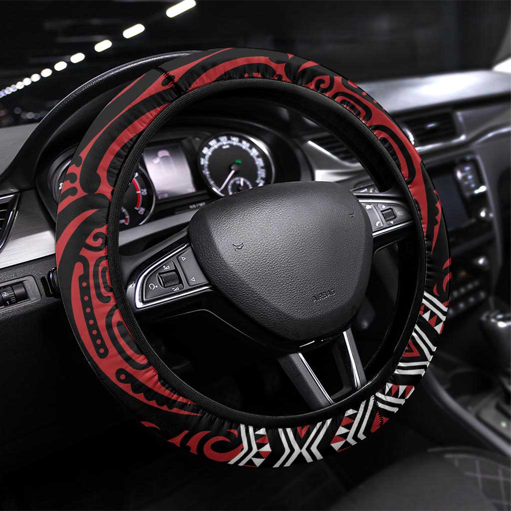 Aotearoa Bulldog Steering Wheel Cover New Zealand Maori Taniko Art LT14 Universal Fit Red - Polynesian Pride