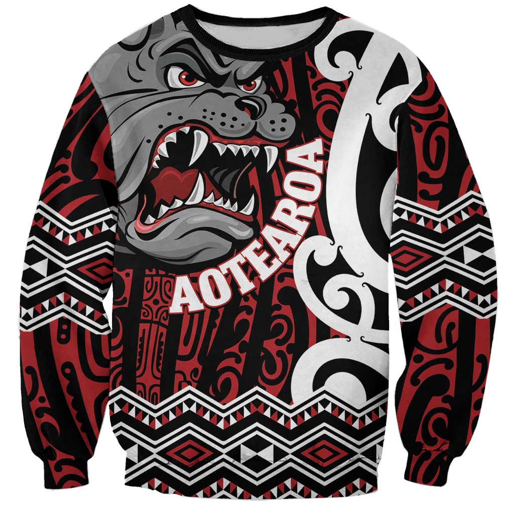 Personalised Aotearoa Bulldog Sweatshirt New Zealand Maori Taniko Art LT14 Unisex Red - Polynesian Pride
