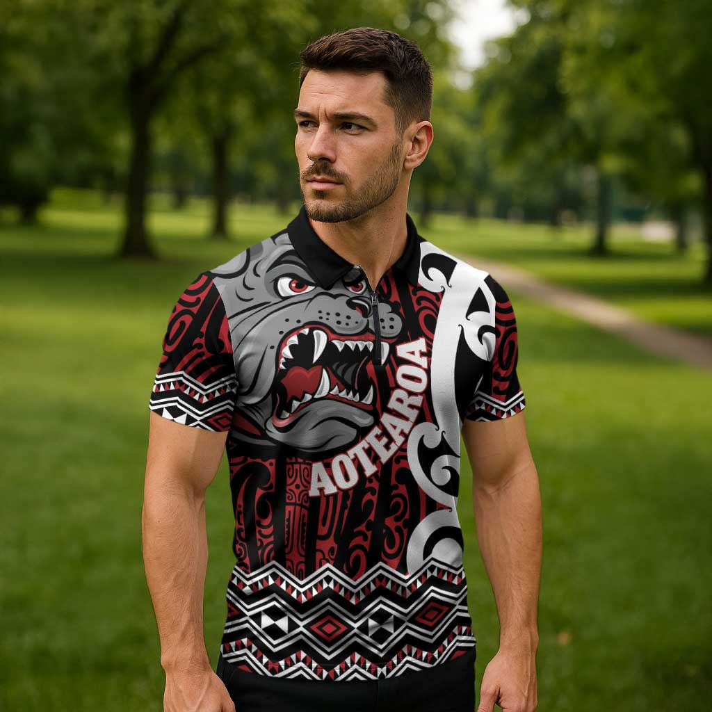 Personalised Aotearoa Bulldog Zipper Polo Shirt New Zealand Maori Taniko Art - Polynesian Pride