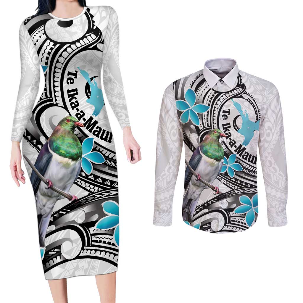 Aotearoa Te Ika-a-Maui Couples Matching Long Sleeve Bodycon Dress and Long Sleeve Button Shirt South Island Kekeru Maori Koru
