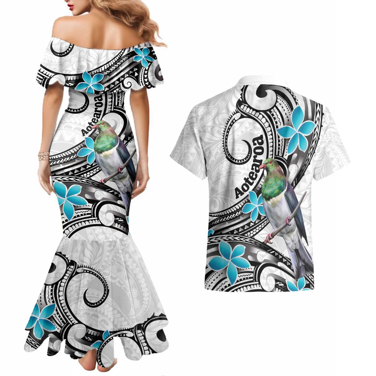 Aotearoa Te Ika-a-Maui Couples Matching Mermaid Dress and Hawaiian Shirt South Island Kekeru Maori Koru