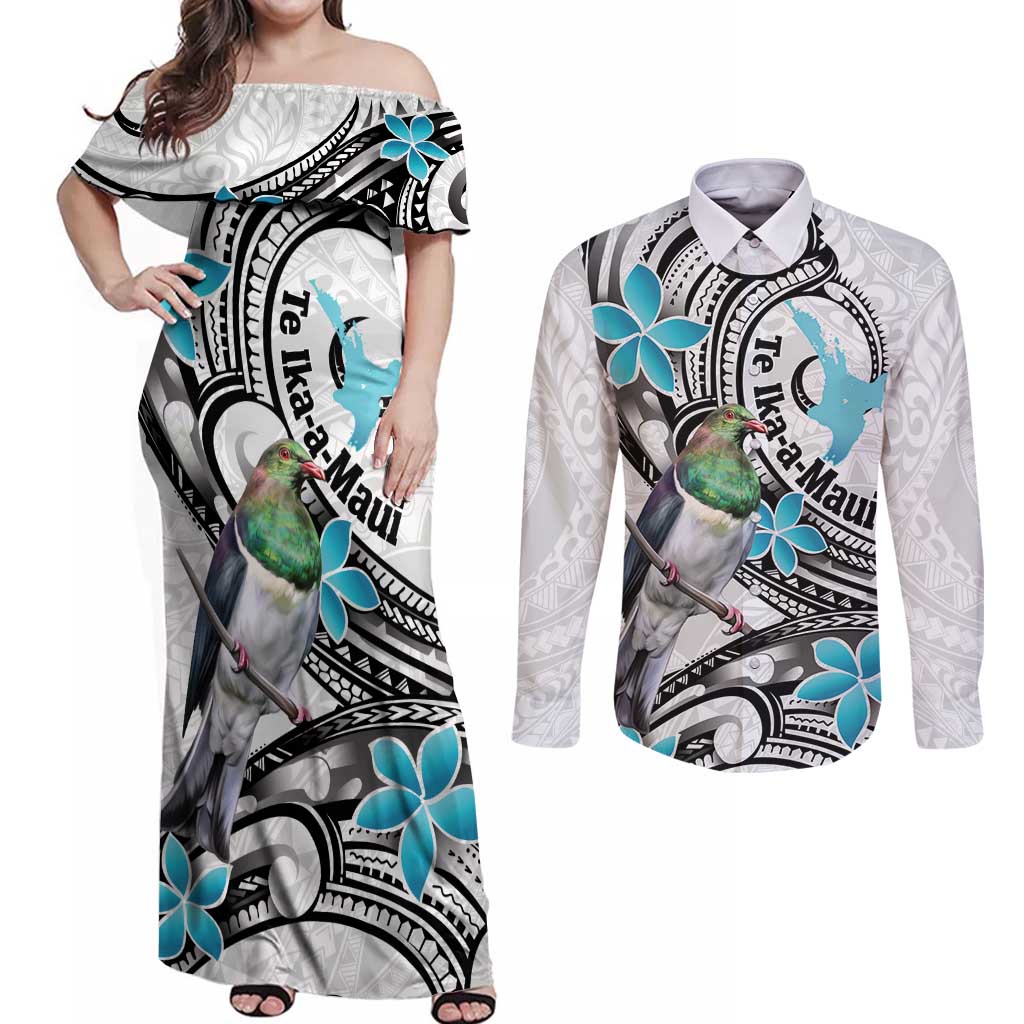 Aotearoa Te Ika-a-Maui Couples Matching Off Shoulder Maxi Dress and Long Sleeve Button Shirt South Island Kekeru Maori Koru