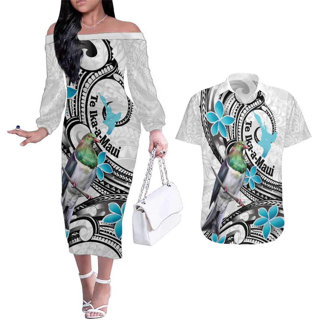 Aotearoa Te Ika-a-Maui Couples Matching Off The Shoulder Long Sleeve Dress and Hawaiian Shirt South Island Kekeru Maori Koru
