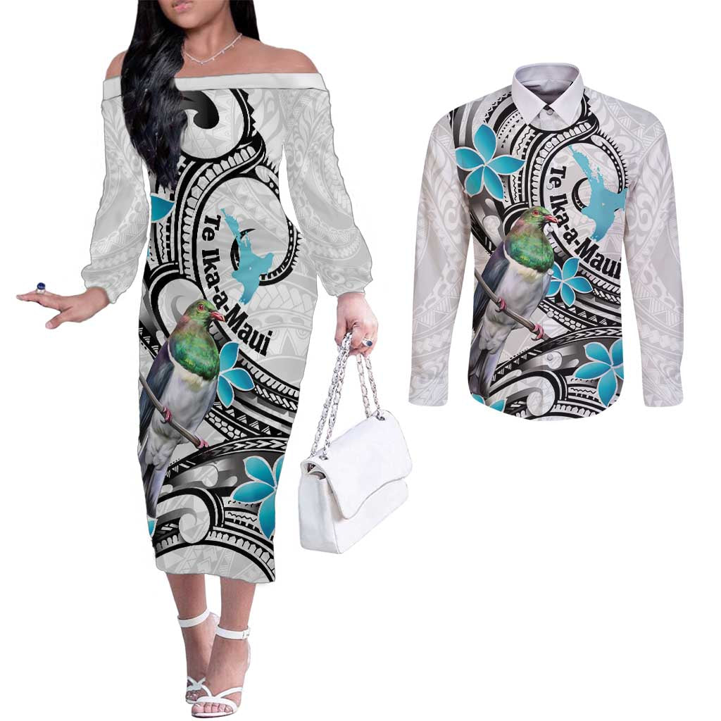 Aotearoa Te Ika-a-Maui Couples Matching Off The Shoulder Long Sleeve Dress and Long Sleeve Button Shirt South Island Kekeru Maori Koru