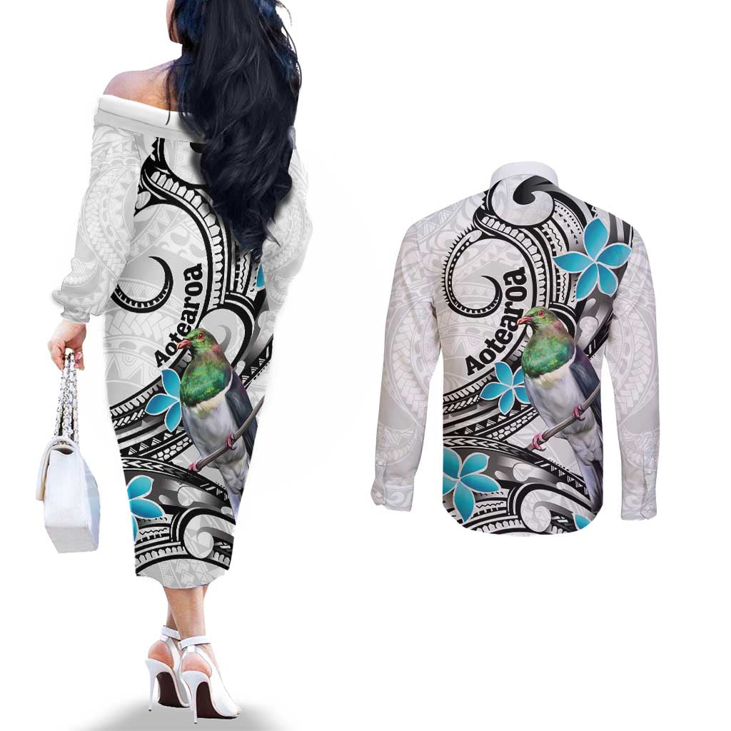 Aotearoa Te Ika-a-Maui Couples Matching Off The Shoulder Long Sleeve Dress and Long Sleeve Button Shirt South Island Kekeru Maori Koru