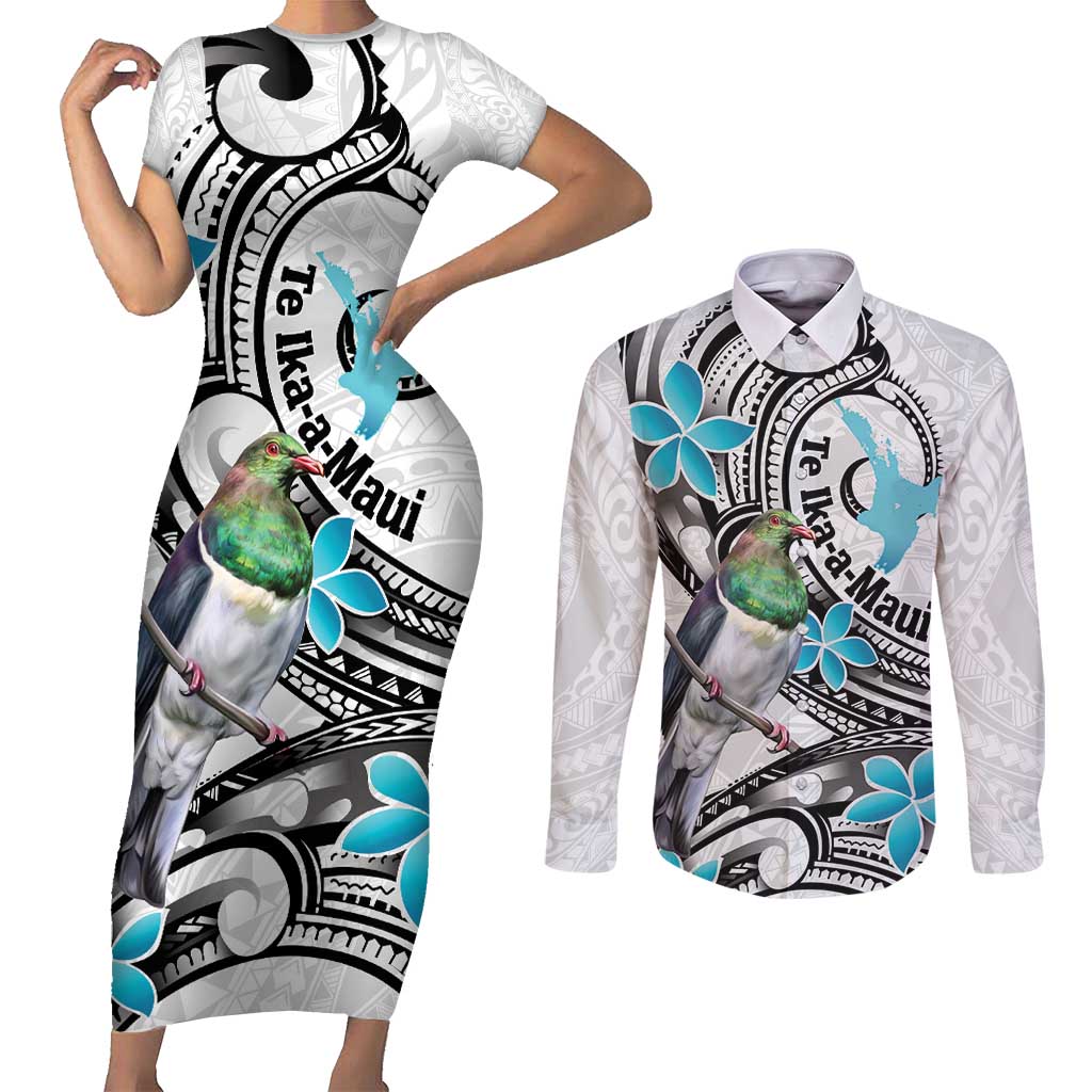 Aotearoa Te Ika-a-Maui Couples Matching Short Sleeve Bodycon Dress and Long Sleeve Button Shirt South Island Kekeru Maori Koru