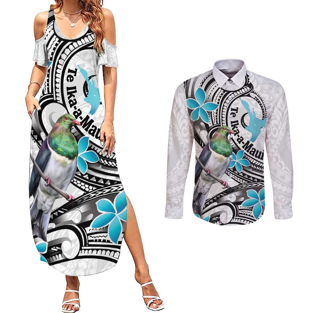 Aotearoa Te Ika-a-Maui Couples Matching Summer Maxi Dress and Long Sleeve Button Shirt South Island Kekeru Maori Koru