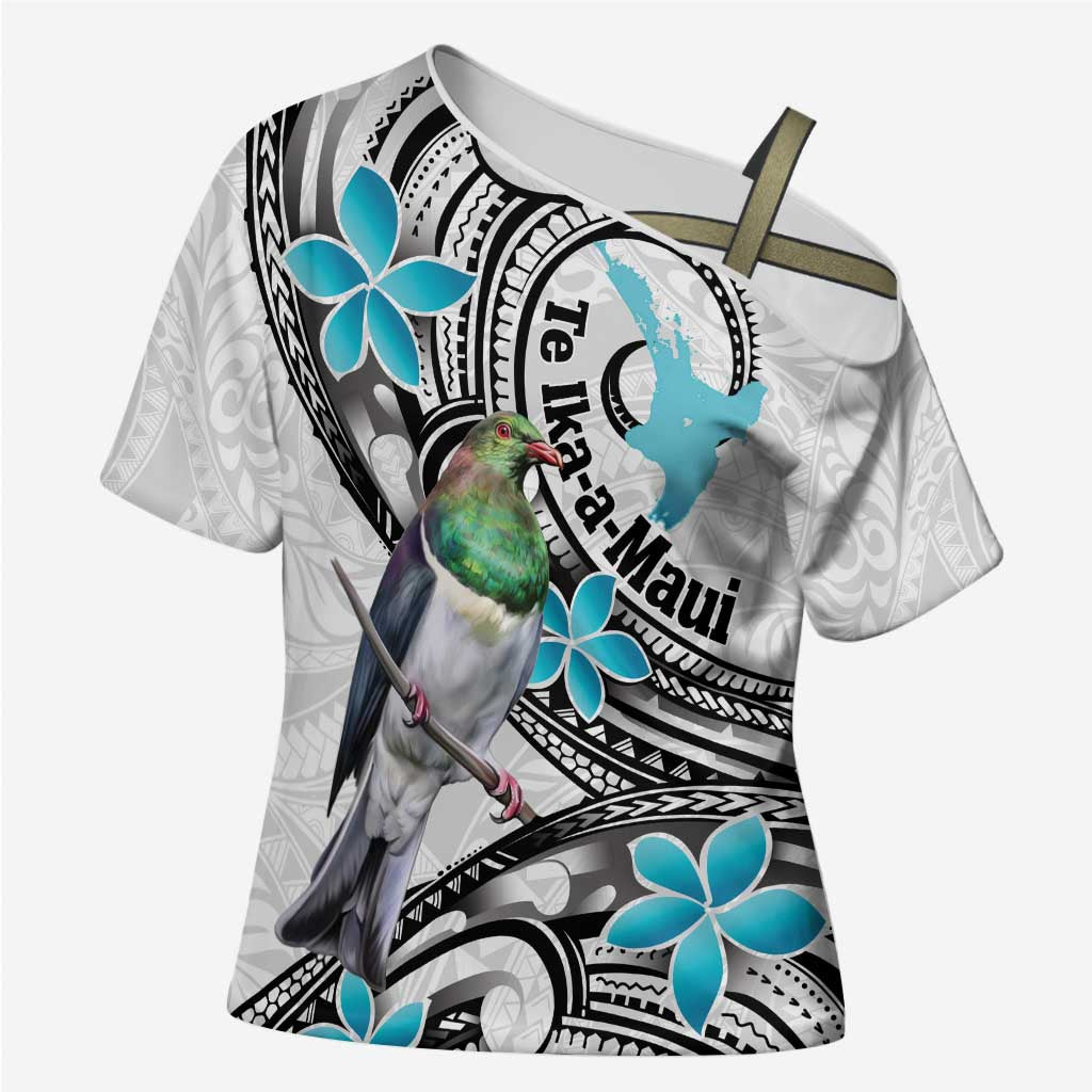 Aotearoa Te Ika-a-Maui Cross Shoulder Shirt South Island Kekeru Maori Koru LT14 Female White - Polynesian Pride