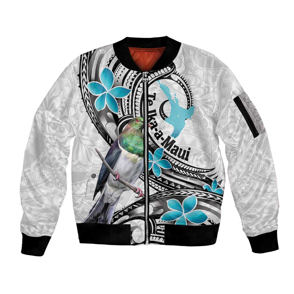 Aotearoa Te Ika-a-Maui Sleeve Zip Bomber Jacket South Island Kekeru Maori Koru LT14 Unisex White - Polynesian Pride