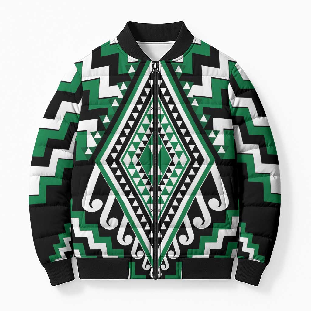 Green New Zealand Taniko Poutama Patikitiki Bomber Puffer Jacket - Polynesian Pride