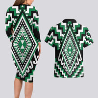 Green Aotearoa Taniko Poutama Patikitiki Couples Matching Long Sleeve Bodycon Dress and Hawaiian Shirt