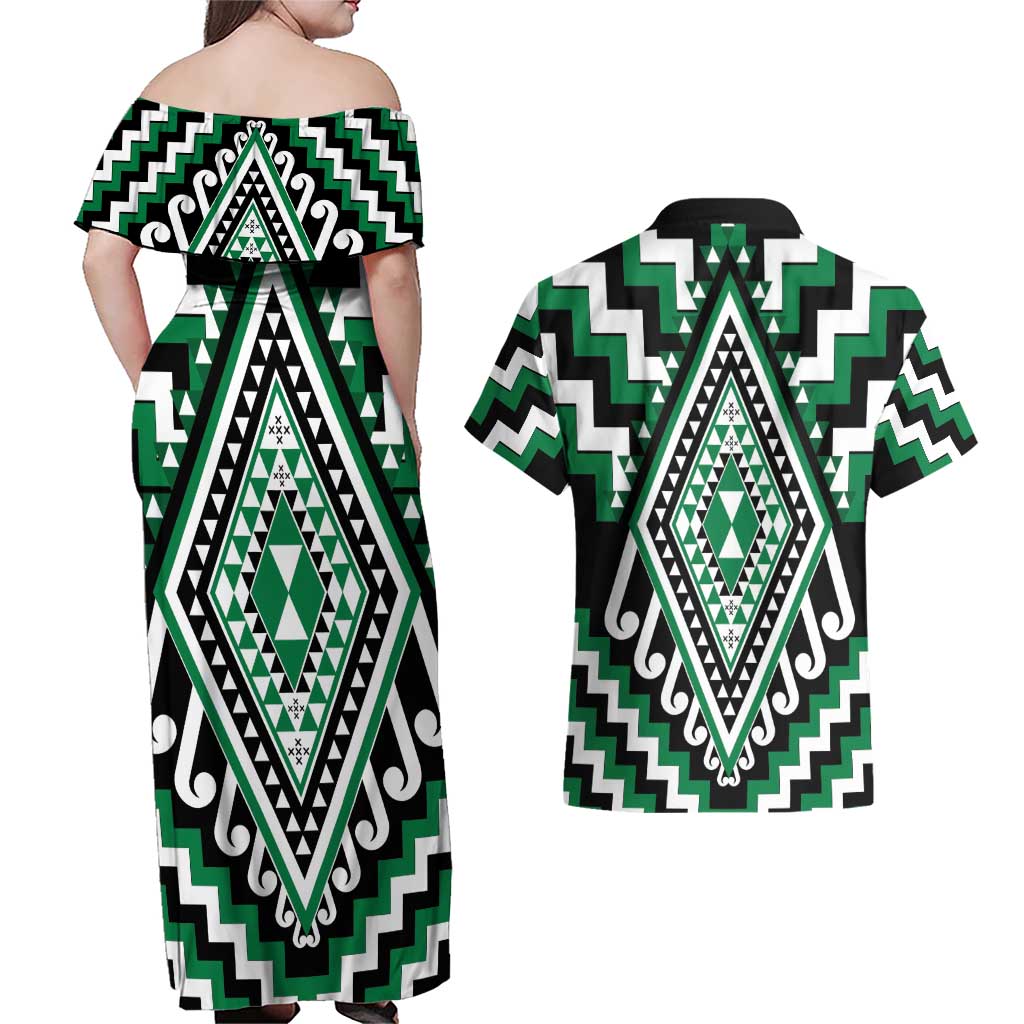 Green Aotearoa Taniko Poutama Patikitiki Couples Matching Off Shoulder Maxi Dress and Hawaiian Shirt