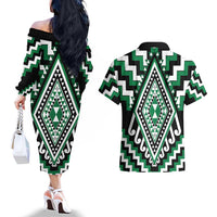 Green Aotearoa Taniko Poutama Patikitiki Couples Matching Off The Shoulder Long Sleeve Dress and Hawaiian Shirt